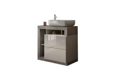 Autres Ensemble salle de bain meuble+miroir+vasque HAMBURG blanc brillant, béton 79 x 79 x 49 cm* Meuble De Salle De Bains Faible Profondeur