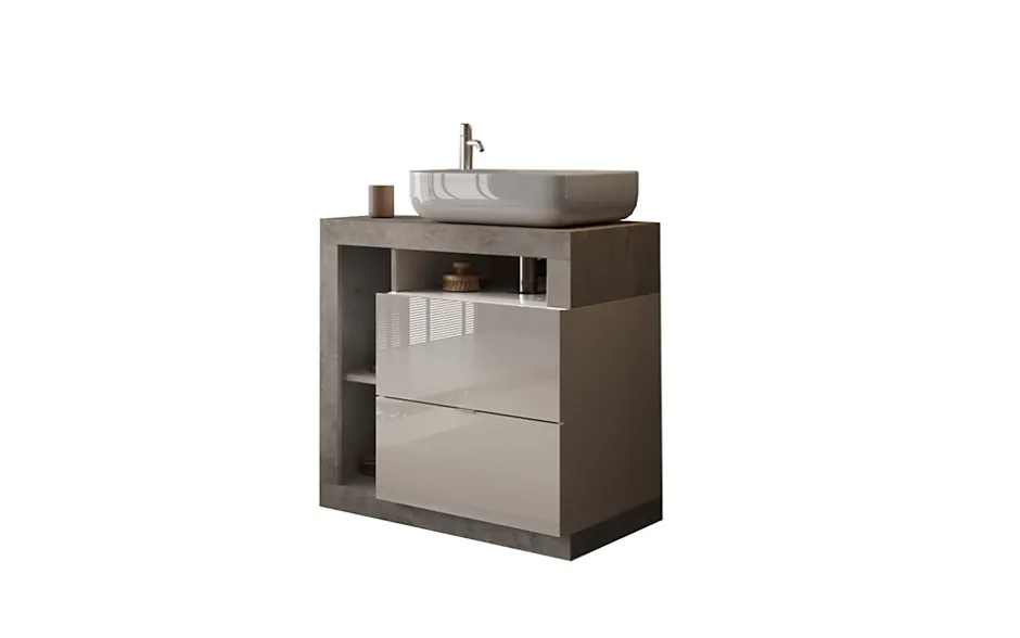 Autres Ensemble salle de bain meuble+miroir+vasque HAMBURG blanc brillant, béton 79 x 79 x 49 cm* Meuble De Salle De Bains Faible Profondeur