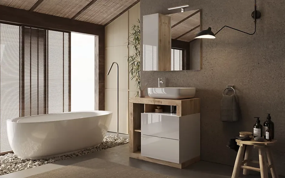 Azura Home Design Ensemble salle de bain meuble+miroir+vasque HAMBURG blanc brillant, Kadiz 79 x 79 x 49 cm* Meuble De Salle De Bains Faible Profondeur