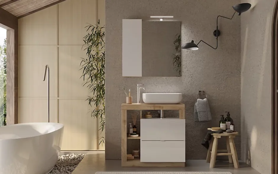 Azura Home Design Ensemble salle de bain meuble+miroir+vasque HAMBURG blanc brillant, Kadiz 79 x 79 x 49 cm* Meuble De Salle De Bains Faible Profondeur