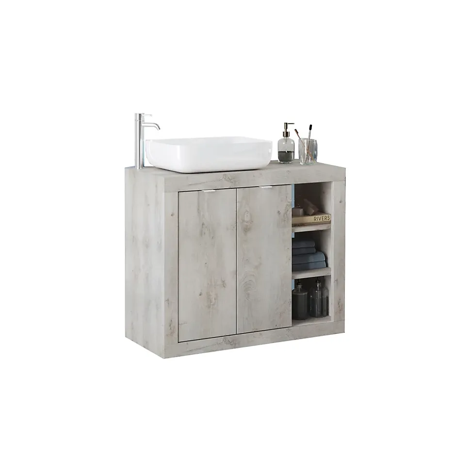 Autres Ensemble salle de bain, meuble+miroir+vasque BASIC pin blanc, 110 x 78 x 45 cm* Meuble De Salle De Bains Faible Profondeur