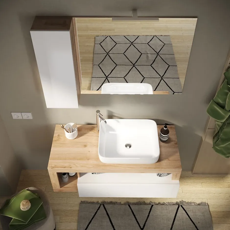 Azura Home Design Ensemble salle de bain meuble suspendu+miroir+vasque HAMBURG blanc brillant, Kadiz 110 x 47 x 49 cm