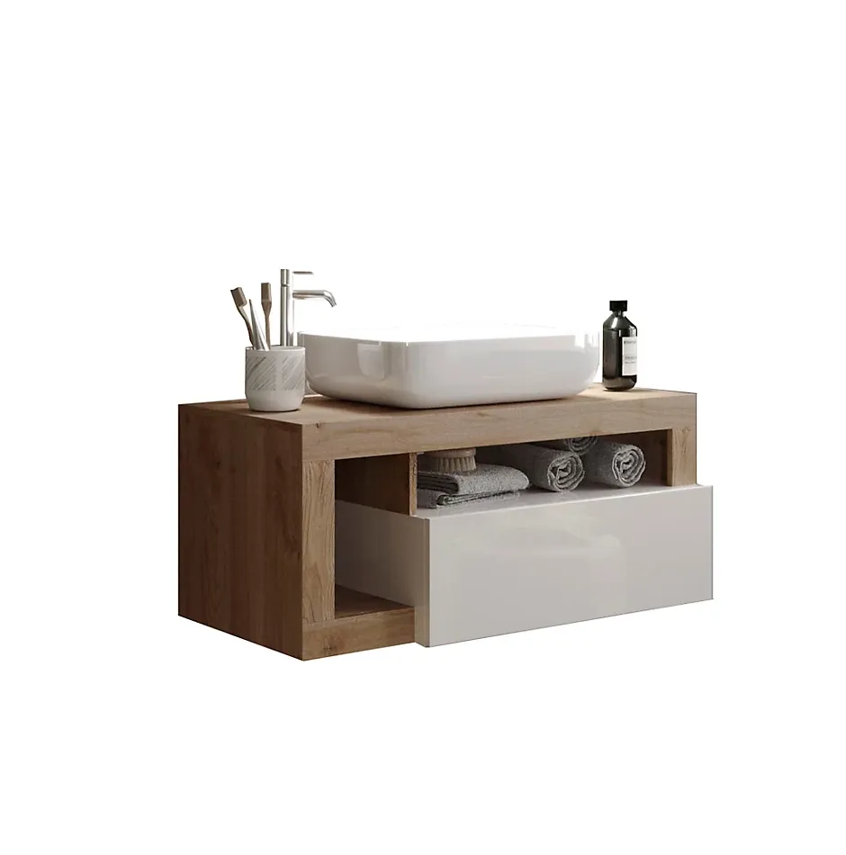 Azura Home Design Ensemble salle de bain meuble suspendu+miroir+vasque HAMBURG blanc brillant, Kadiz 110 x 47 x 49 cm