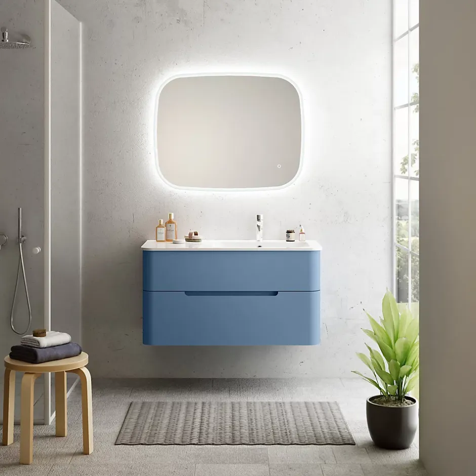 Ensemble salle de bains L. 104 cm meuble sous vasque bleu mat + plan vasque à droite blanc brillant Alba
