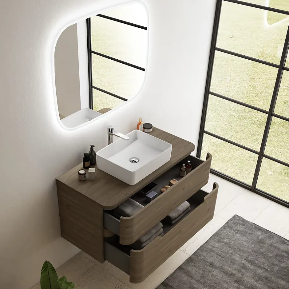Ensemble salle de bains L. 104 cm meuble sous vasque + plan de toilette décor noyer Alba