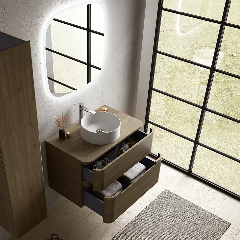 Ensemble salle de bains L. 84 cm meuble sous vasque + plan de toilette décor noyer Alba