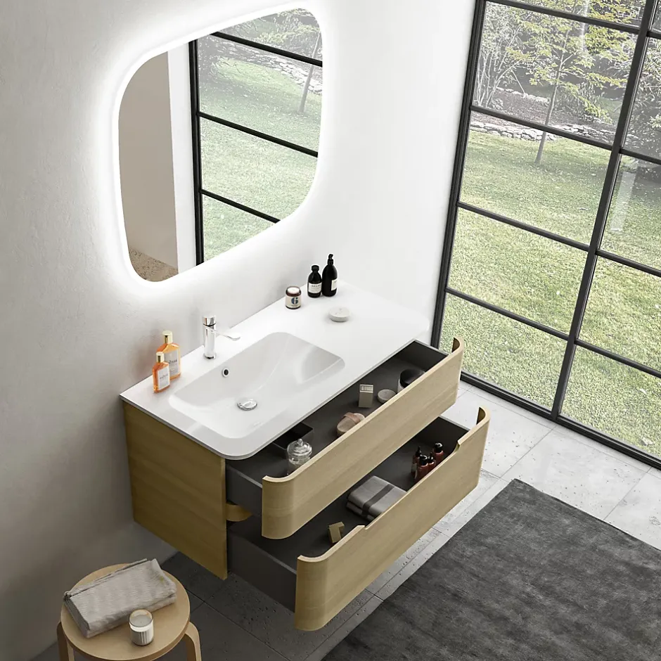 Ensemble salle de bains L. 104 cm meuble sous vasque décor chêne clair + plan vasque à gauche blanc brillant Alba
