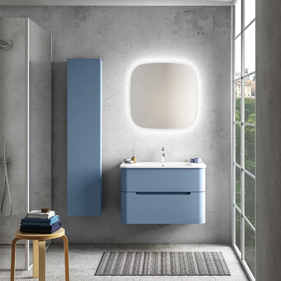 Ensemble salle de bains L. 84 cm meuble sous vasque bleu mat + plan vasque blanc brillant Alba