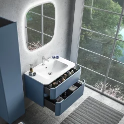 Ensemble salle de bains L. 84 cm meuble sous vasque bleu mat + plan vasque blanc brillant Alba