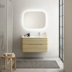 Ensemble salle de bains L. 104 cm meuble sous vasque décor chêne clair + plan vasque à droite blanc mat Alba* Meuble Vasque