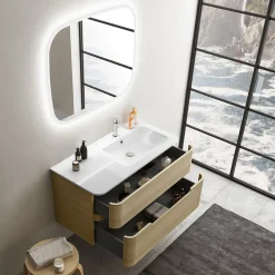 Ensemble salle de bains L. 104 cm meuble sous vasque décor chêne clair + plan vasque à droite blanc mat Alba* Meuble Vasque