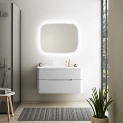 Ensemble salle de bains L. 104 cm meuble sous vasque blanc mat + plan vasque à gauche blanc brillant Alba* Meuble Vasque