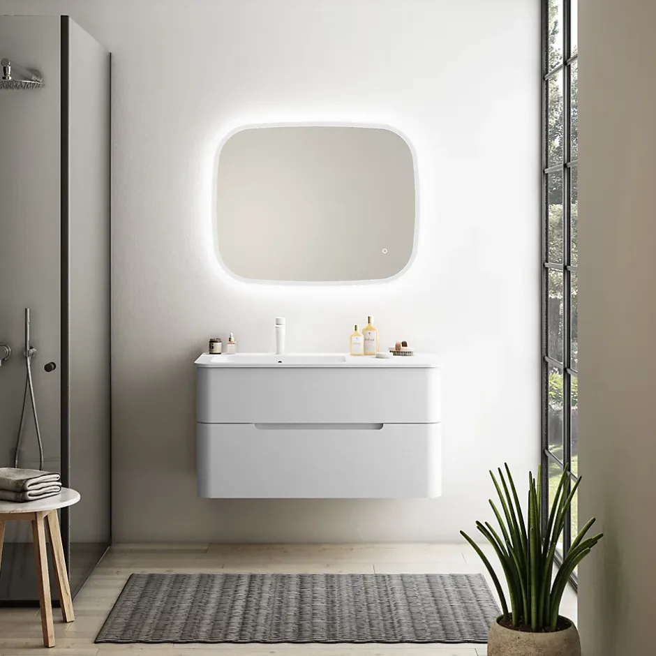 Ensemble salle de bains L. 104 cm meuble sous vasque blanc mat + plan vasque à gauche blanc brillant Alba* Meuble Vasque