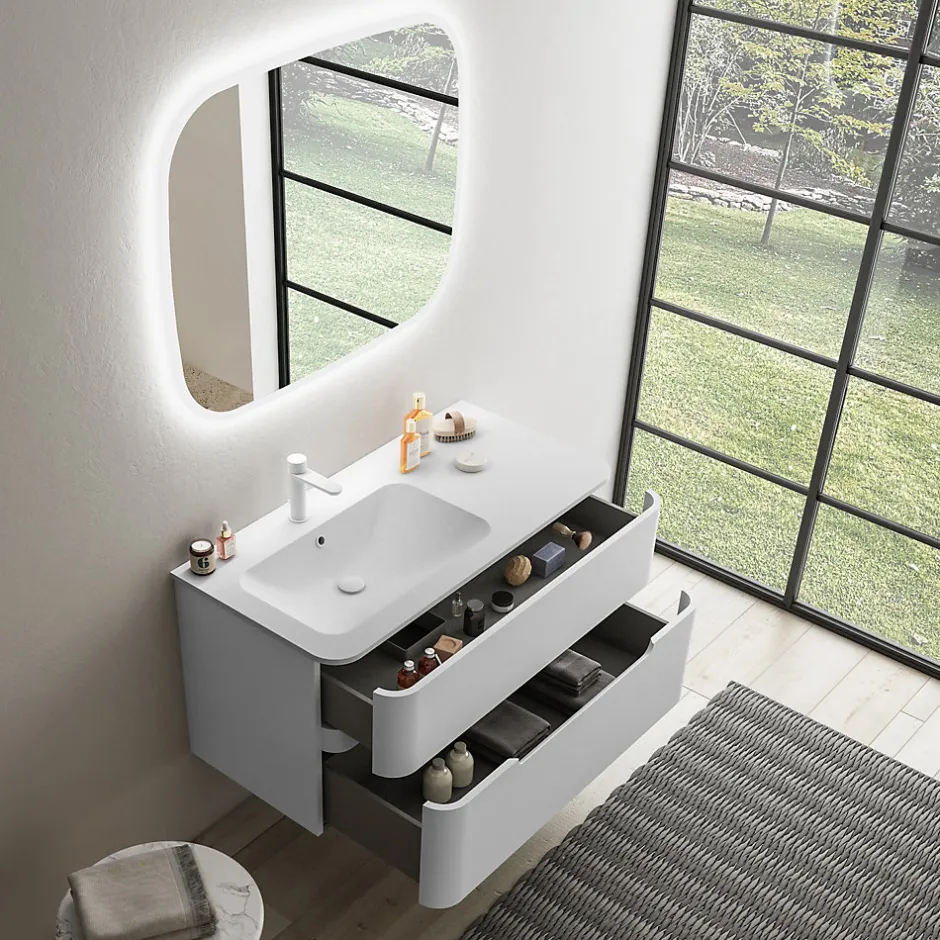 Ensemble salle de bains L. 104 cm meuble sous vasque blanc mat + plan vasque à gauche blanc brillant Alba* Meuble Vasque
