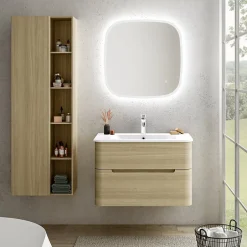 Ensemble salle de bains L. 84 cm meuble sous vasque décor chêne clair + plan vasque blanc brillant Alba* Meuble Vasque