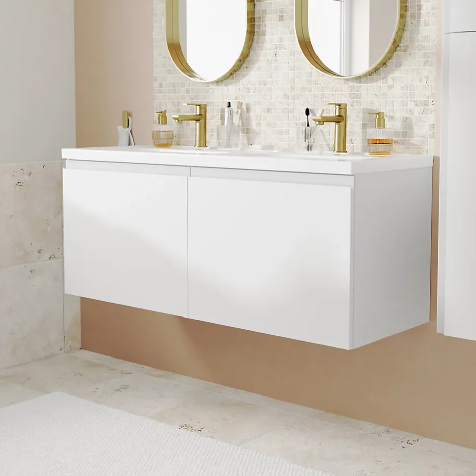 GoodHome Ensemble sous vasque + plan vasque résine l.120 cm, blanc mat, Levanna* Meuble Vasque