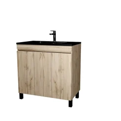 Galedo Ensemble sous vasque à poser effet chêne naturel 2 portes + vasque noire, l.80 cm, Timber