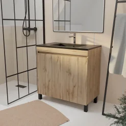Galedo Ensemble sous vasque à poser effet chêne naturel 2 portes + vasque noire, l.80 cm, Timber