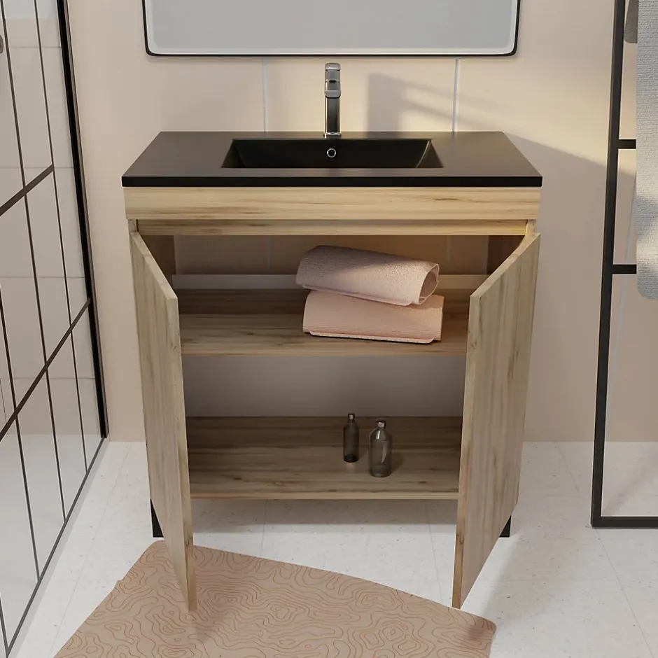 Galedo Ensemble sous vasque à poser effet chêne naturel 2 portes + vasque noire, l.80 cm, Timber