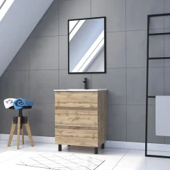 Galedo Ensemble sous vasque à poser effet chêne industriel 3 tiroirs + vasque blanche + 1 miroir, l.60 cm, Timber