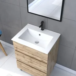 Galedo Ensemble sous vasque à poser effet chêne industriel 3 tiroirs + vasque blanche + 1 miroir, l.60 cm, Timber
