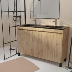 Galedo Ensemble sous vasque à poser effet chêne naturel 4 portes + vasque double noire, l.120 cm, Timber
