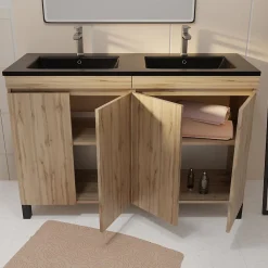 Galedo Ensemble sous vasque à poser effet chêne naturel 4 portes + vasque double noire, l.120 cm, Timber