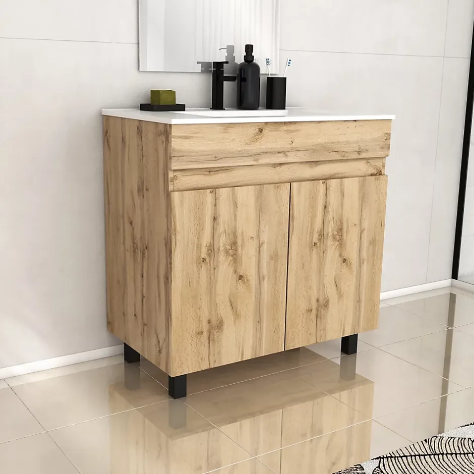 Galedo Ensemble sous vasque à poser effet chêne industriel 2 portes + vasque blanche, l.80 cm, Timber
