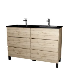Galedo Ensemble sous vasque à poser effet chêne naturel 6 tiroirs + vasque double noire, l.120 cm, Timber