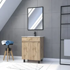Galedo Ensemble sous vasque à poser effet chêne industriel 2 portes + vasque blanche + 1 miroir, l.60 cm, Timber