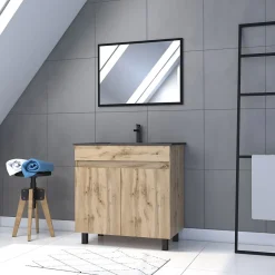 Galedo Ensemble sous vasque à poser effet chêne industriel 2 portes + vasque noire + miroir, l.80 cm, Timber