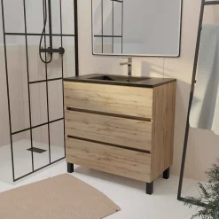 Galedo Ensemble sous vasque à poser effet chêne naturel 3 tiroirs + vasque noire, l.80 cm, Timber* Meuble Vasque