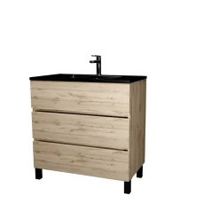 Galedo Ensemble sous vasque à poser effet chêne naturel 3 tiroirs + vasque noire, l.80 cm, Timber* Meuble Vasque