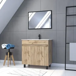 Galedo Ensemble sous vasque à poser effet chêne industriel 2 portes + vasque blanche + 1 miroir, l.80 cm, Timber