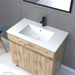Galedo Ensemble sous vasque à poser effet chêne industriel 2 portes + vasque blanche + 1 miroir, l.80 cm, Timber