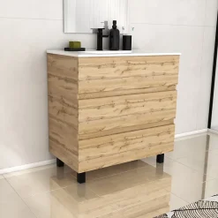 Galedo Ensemble sous vasque à poser effet chêne industriel 3 tiroirs + vasque blanche, l.80 cm, Timber* Meuble Vasque