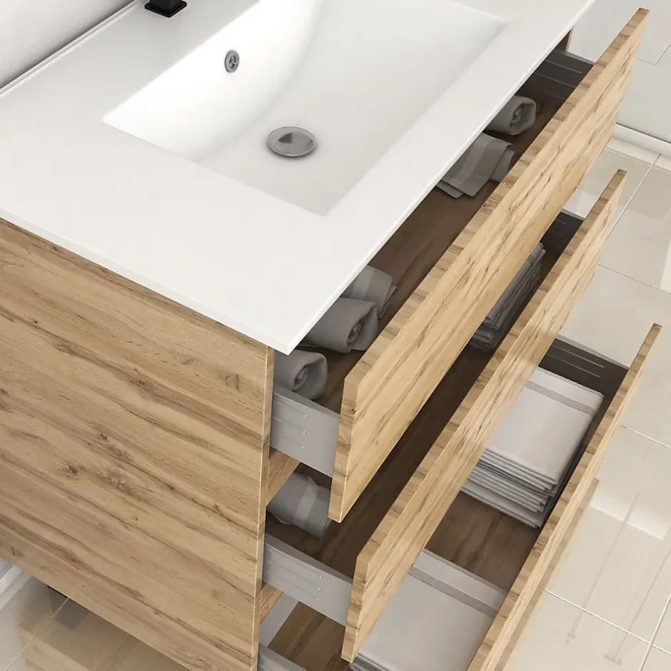 Galedo Ensemble sous vasque à poser effet chêne industriel 3 tiroirs + vasque blanche, l.80 cm, Timber* Meuble Vasque