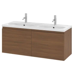 GoodHome Ensemble sous vasque effet noyer 2 tiroirs + plan vasque blanc en céramique l.120 cm, Levanna* Meuble Vasque