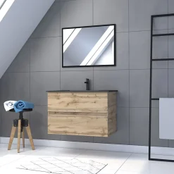 Galedo Ensemble sous vasque suspendu effet chêne industriel 2 tiroirs + vasque noire + 1 miroir, l.80 cm, Timber* Ensemble Meuble De Salle De Bains