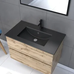 Galedo Ensemble sous vasque suspendu effet chêne industriel 2 tiroirs + vasque noire + 1 miroir, l.80 cm, Timber* Ensemble Meuble De Salle De Bains