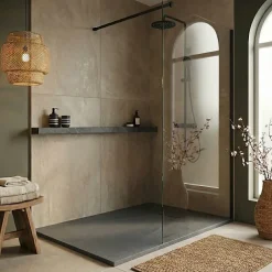 Ceramia Essential 140x80 cm receveur de douche rectangulaire à poser SMC avec surface effet pierre, gris foncé (CERAES14080DG)