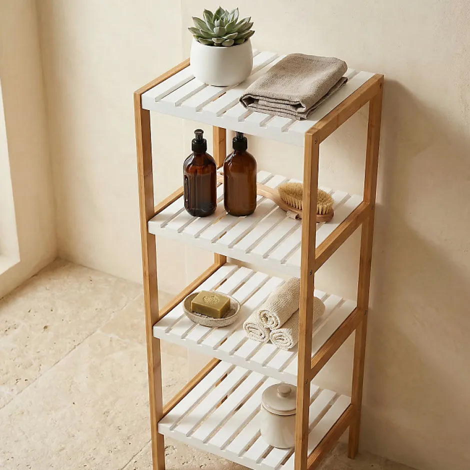 MSV Etagère 4 Niveaux Bambou MDF Blanc* Etagère Salle De Bains