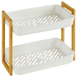 Five Simply Smart Etagère de salle de bain bambou et plastique blanc, 2 niveaux, H.35cm x P.27cm Naturéo