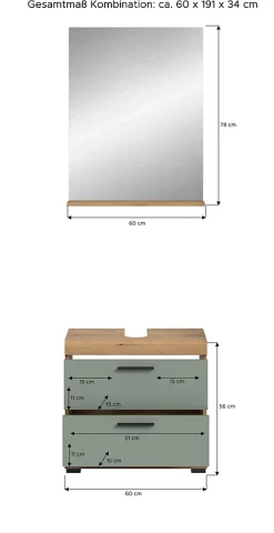Chb Collection Eteka - Combinaison de salle de bains (L/H/P : 60x191x34 cm) en imitation blanc et imitation sauge profonde