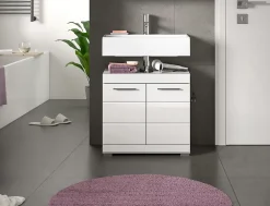 Chb Collection Eteka - Meuble sous-lavabo (L/H/P : 60x56x34 cm) en imitation blanc et blanc brillant profond