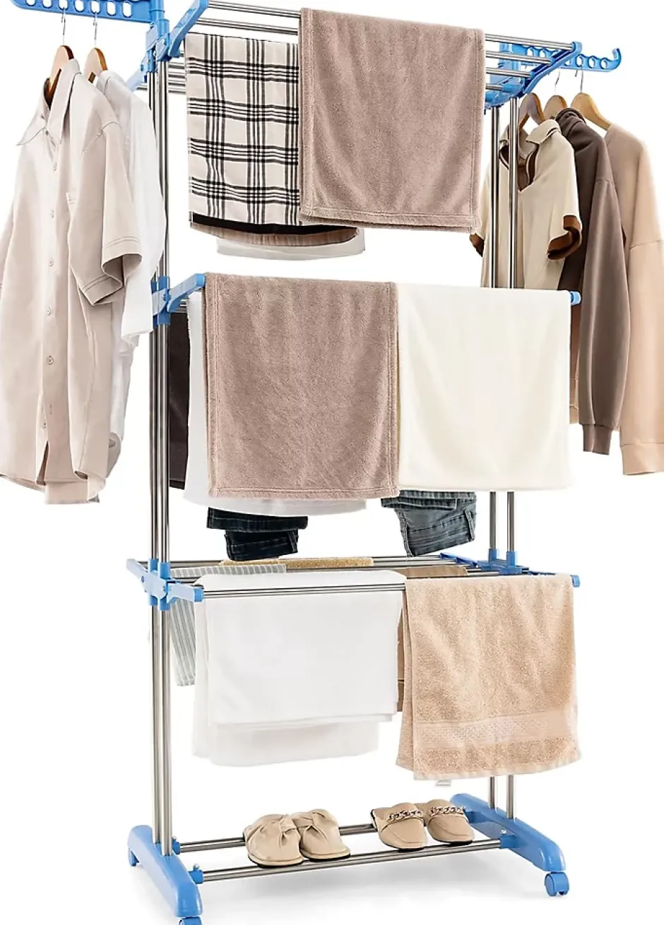 Giantex Etendoir a Linge Pliable a 4 Niveaux avec Ailes Laterales Rotatives et Etageres Pliables Sechoir avec Roues Verrouillables