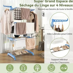 Giantex Etendoir a Linge Pliable a 4 Niveaux avec Ailes Laterales Rotatives et Etageres Pliables Sechoir avec Roues Verrouillables