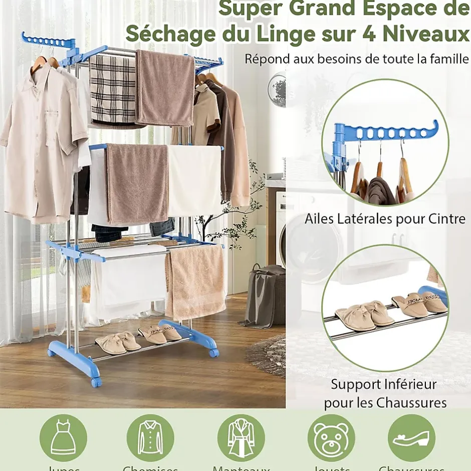 Giantex Etendoir a Linge Pliable a 4 Niveaux avec Ailes Laterales Rotatives et Etageres Pliables Sechoir avec Roues Verrouillables