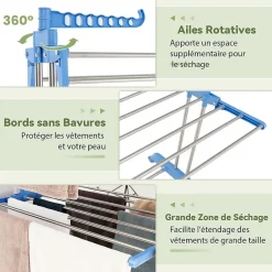 Giantex Etendoir a Linge Pliable a 4 Niveaux avec Ailes Laterales Rotatives et Etageres Pliables Sechoir avec Roues Verrouillables