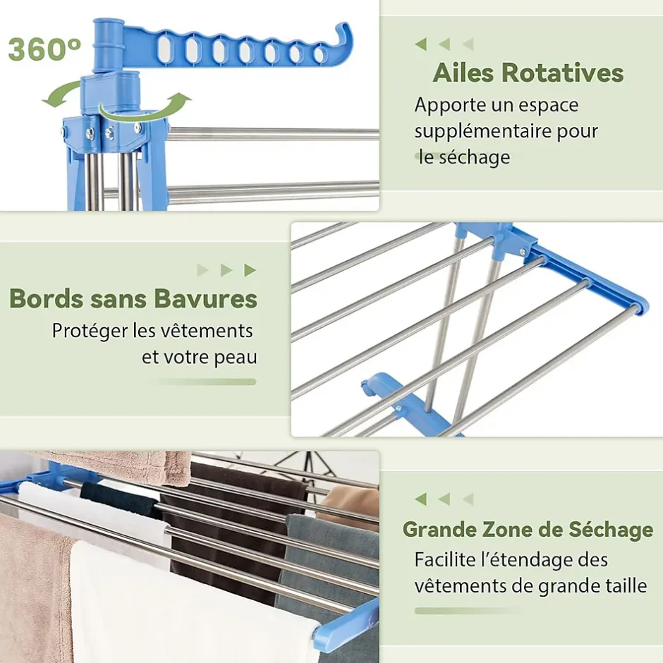 Giantex Etendoir a Linge Pliable a 4 Niveaux avec Ailes Laterales Rotatives et Etageres Pliables Sechoir avec Roues Verrouillables